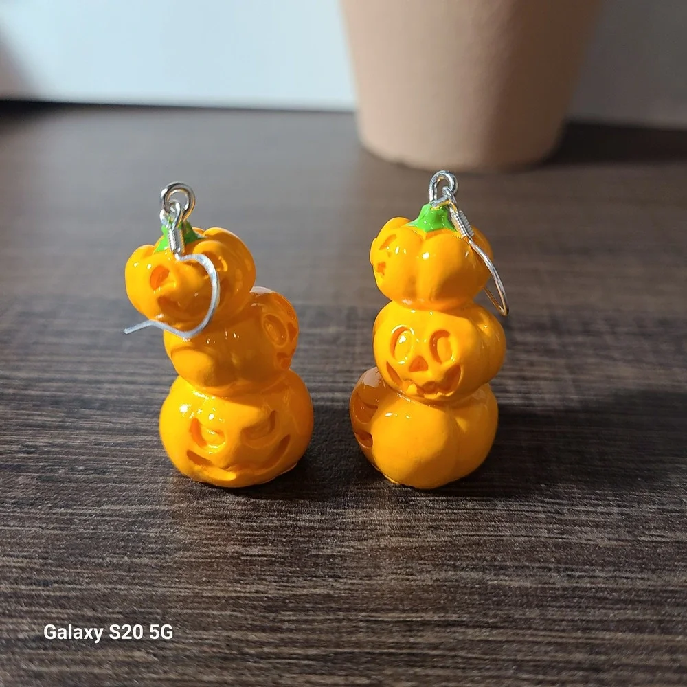 Handmade Halloween‎ Pumpkin Earrings Stacked Jack O Lantern Festive Dangle Drop